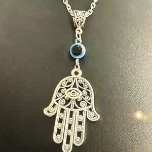 Silvery Color Hamsa Hand Necklace Hand of Fatima Spiritual Yoga Buddha Evil Eye